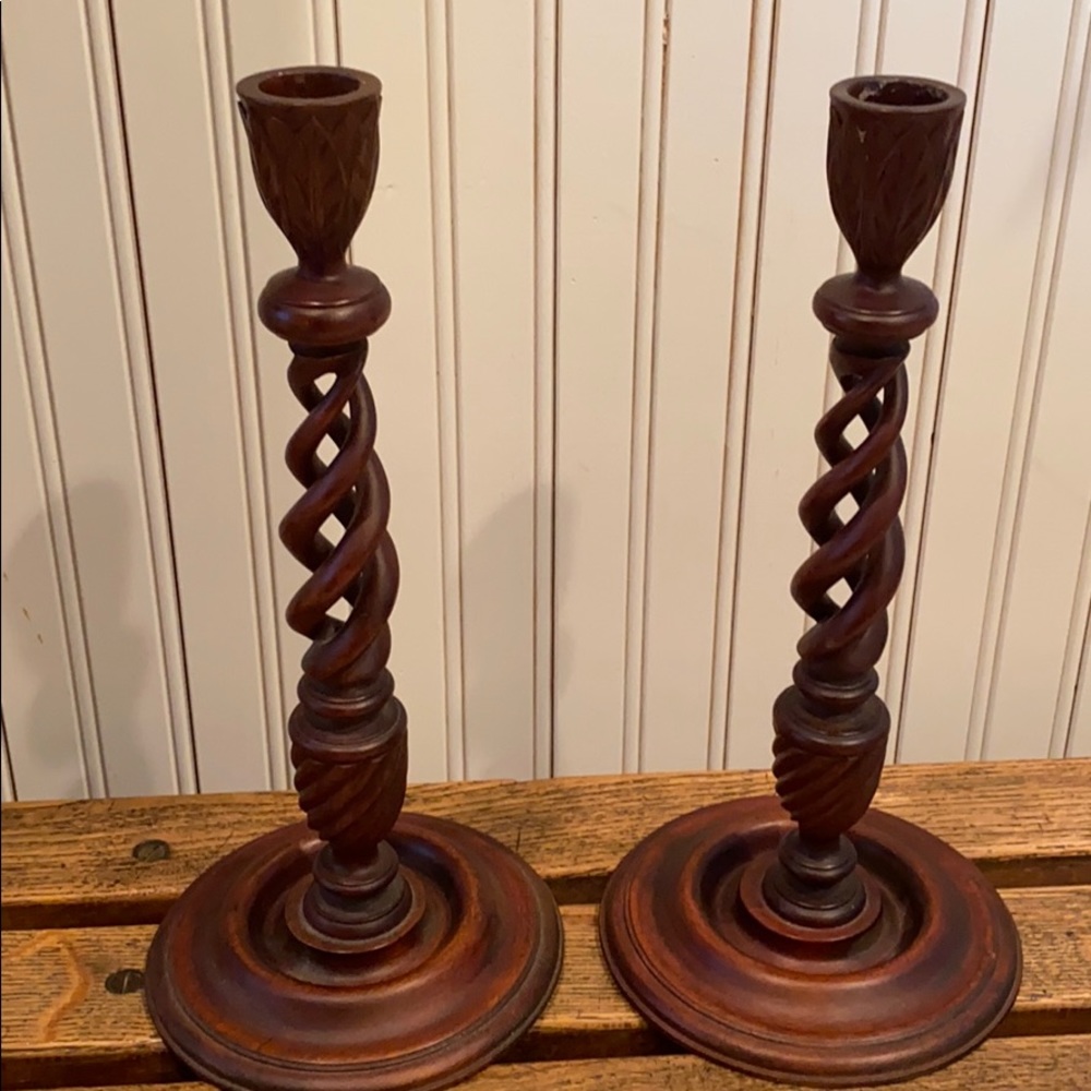 Vintage BOHO pair of wood turned candle holders